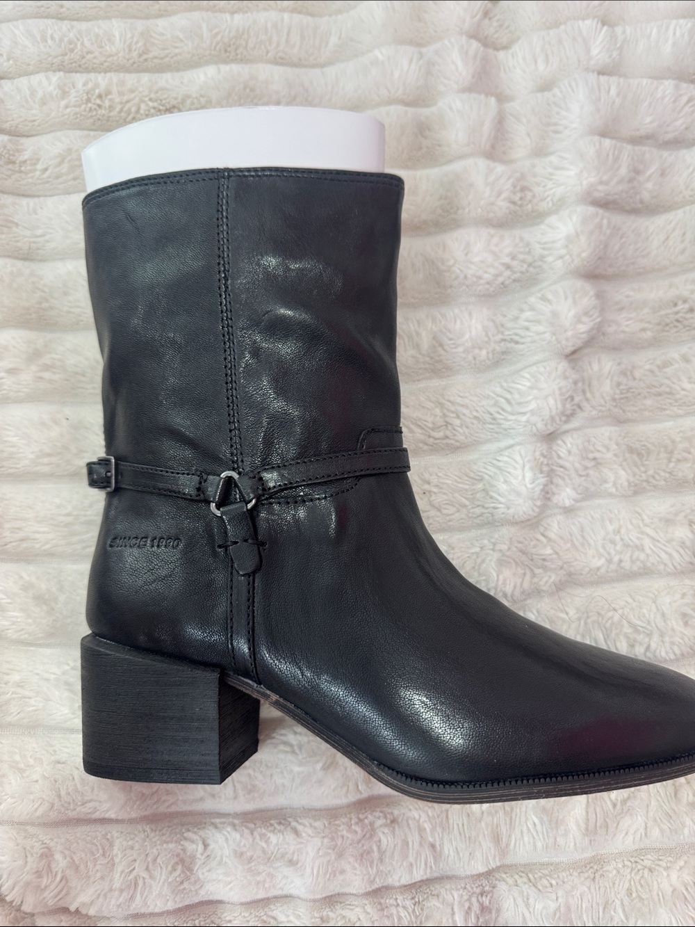 Black Leather Mid-Calf Block Heel Boots with Strap Detail